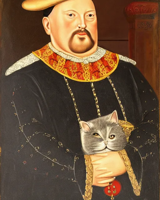 Image similar to fat gray cat with yellow eyes dressed like henry viii, tudor period clothing in scarlet gold and black, royal portrait, oil painting