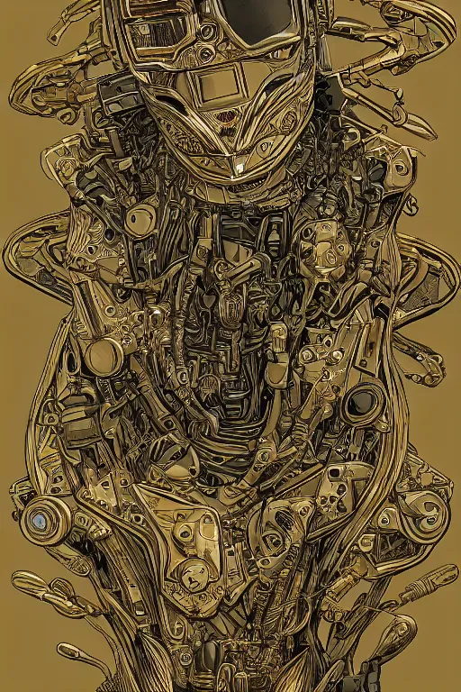 Image similar to gold and silver tones, cybernetic war, style of moebius, james jean, mcbess, cinematic, highly detailed, award winning, 8 k photorealistic