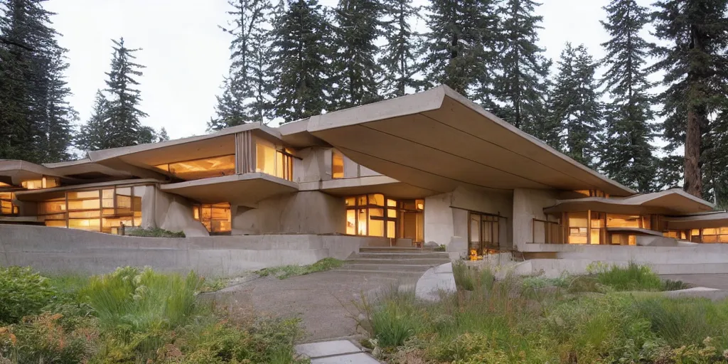 Image similar to large futuristic residence, pacific northwest, cedar and white concrete, many large windows, triangular elements designed by frank lloyd wright