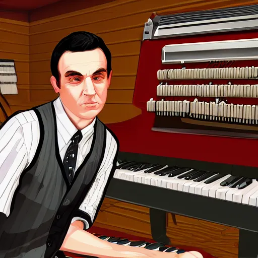 Image similar to GTA V illustration of white teenager with black hair playing an organ in a 1990s instrument shop, cover of GTA V