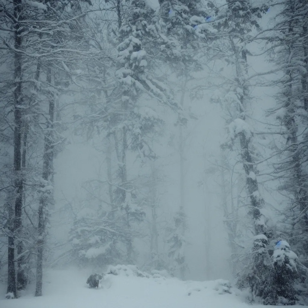 Image similar to photo, bigfoot is hiding in the background. cold color temperature, snow storm. hazy atmosphere. humidity haze. kodak ektachrome, greenish expired film, award winning, low contrast