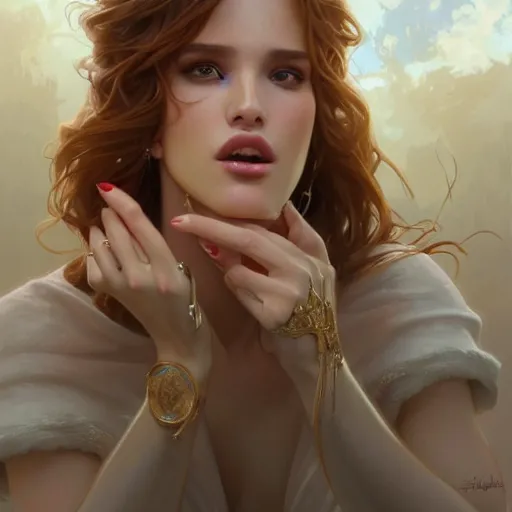 Image similar to ultra realistic illustration, bella thorne blowing a kiss, intricate, elegant, highly detailed, digital painting, artstation, concept art, smooth, sharp focus, illustration, art by artgerm and greg rutkowski and alphonse mucha