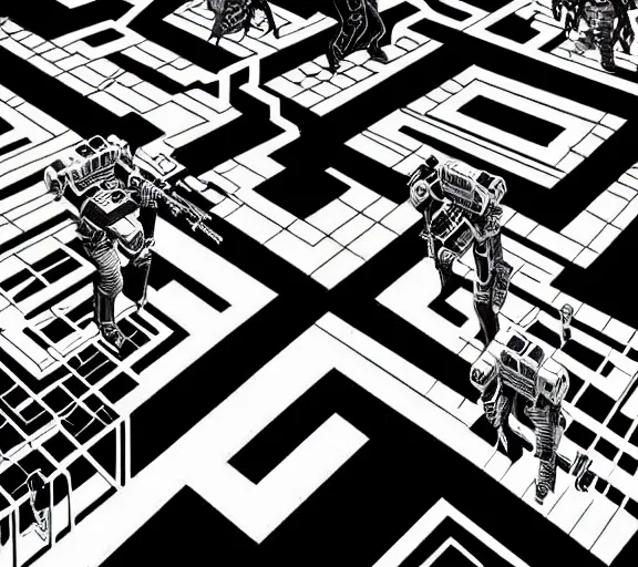 Image similar to a black and white illustration of a cyberpunk epic Friday night firefight in the style of MC Escher, Night City, cyberpunk 2077, 1979 OMNI Magazine Cover, impossible geometry, coherent, street level neo-Tokyo in Cyberpunk 2045, 4k, 8k, HD, trending on artstation