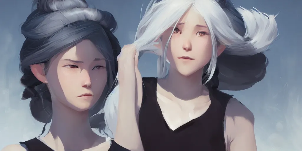 Prompt: girl sorcerer with white hair in a hairbun, she is wearing a black tshirt. cgsociety masterpiece, artstation trending, by rossdraws, ghibli, kimi no na wa, greg rutkowski, simon stalberg, greg manchess