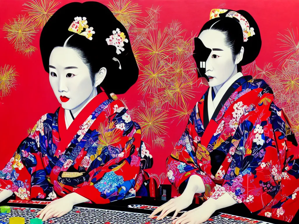 Image similar to hyperrealism composition of the detailed woman in a japanese kimono sitting at an extremely detailed poker table with darth vader, fireworks and folding screen on the background, pop - art style, jacky tsai style, andy warhol style, acrylic on canvas