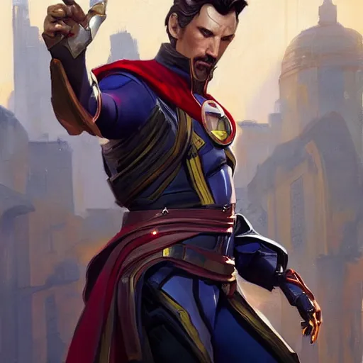 Image similar to greg manchess portrait painting of armored doctor strange as overwatch character, totally whack, medium shot, asymmetrical, profile picture, organic painting, sunny day, matte painting, bold shapes, hard edges, street art, trending on artstation, by huang guangjian and gil elvgren and sachin teng