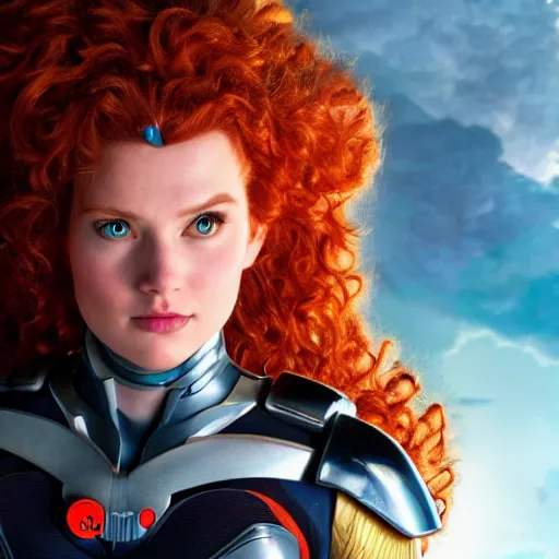 Prompt: high detailed close up of, energetic female cyborg Disney princess Merida, wearing futuristic cybernetic battle armor, balance composition, dramatic lighting, 8k, painted by Alex Ross