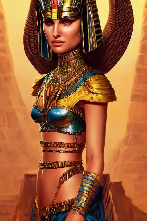 Image similar to natalie portman as egyptian cat goddess, vivid colors, high details, cinematic, 8k resolution, beautiful detailed, photorealistic, digital painting, artstation, concept art, smooth, sharp focus, illustration, fantasy background, artstation trending, octane render, unreal engine