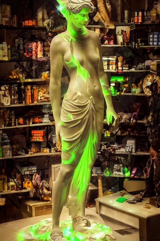 Prompt: fresnel marble statue of a cyberpunk shopkeeper, glow, sharp focus, beautiful, grunge, fantasy, cyber
