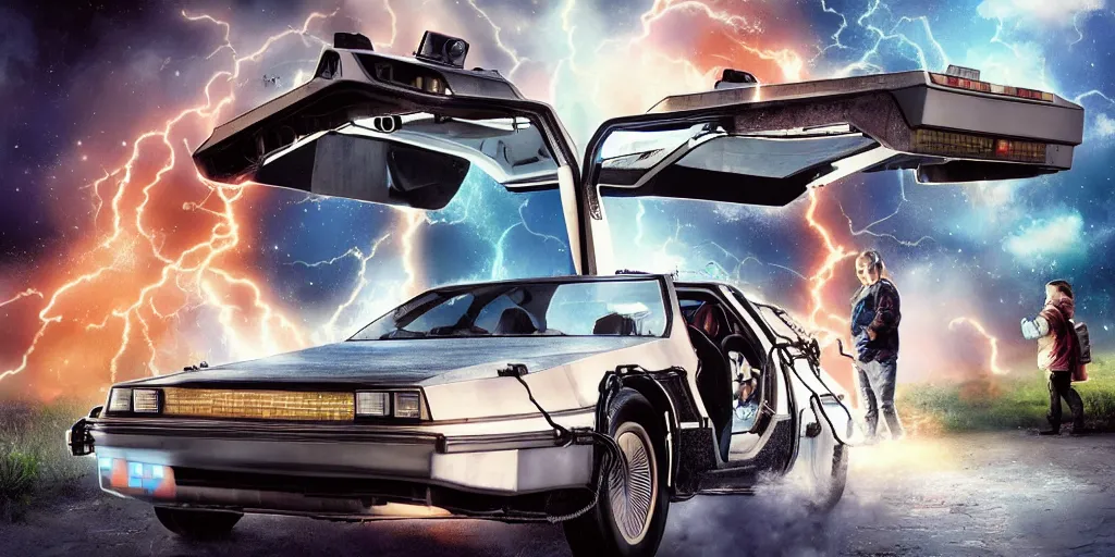 Image similar to back to the future ,digital art, high detail, hyper realistic,