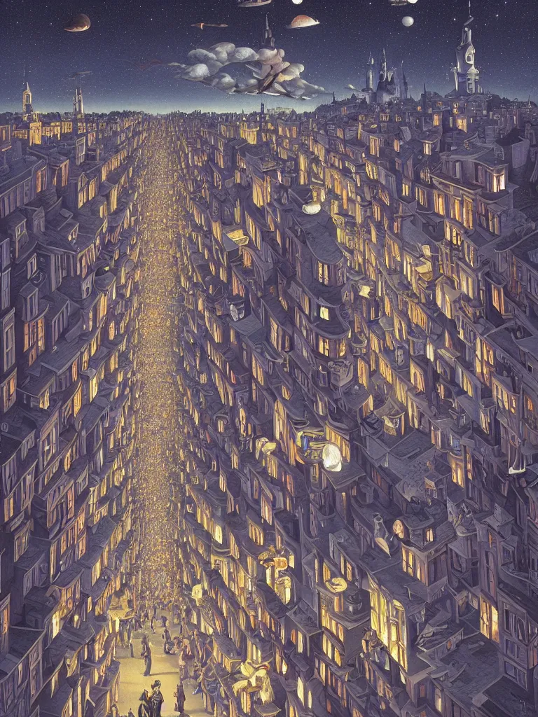 Image similar to A crowded street extending into the night sky, matte painting by Rob Gonsalves, in the style of Salvador Dalí, surrealism, magic realism, optical illusion art