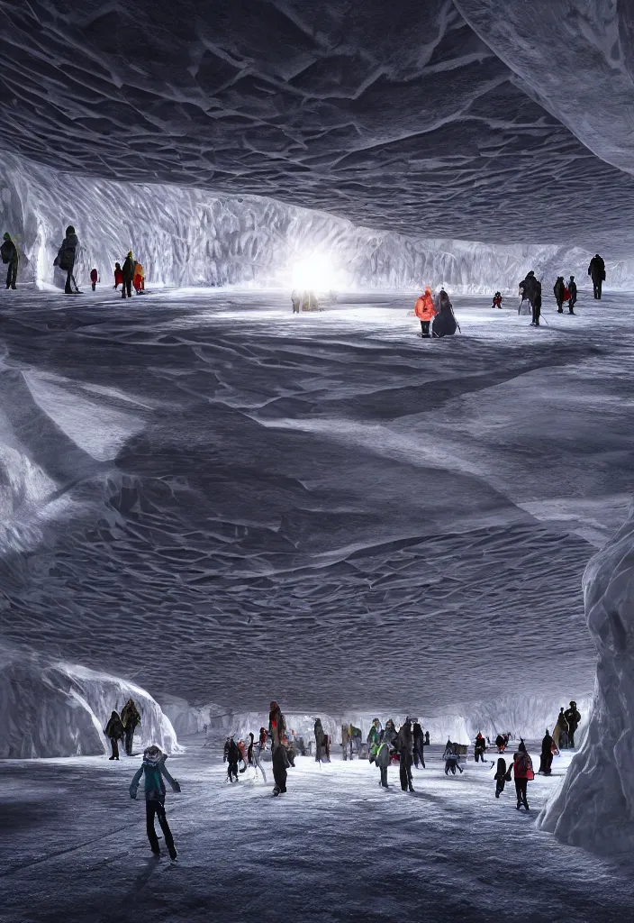 Image similar to Multiple connecting tunnels in antartica with a thin ice roof that reflect the sun in a beautiful way, multiple native people dancing in the tunnels around campfires and igloos, facinating and imposing, fantasy digital art, octane render, beautiful composition, trending on artstation, award-winning photograph, masterpiece