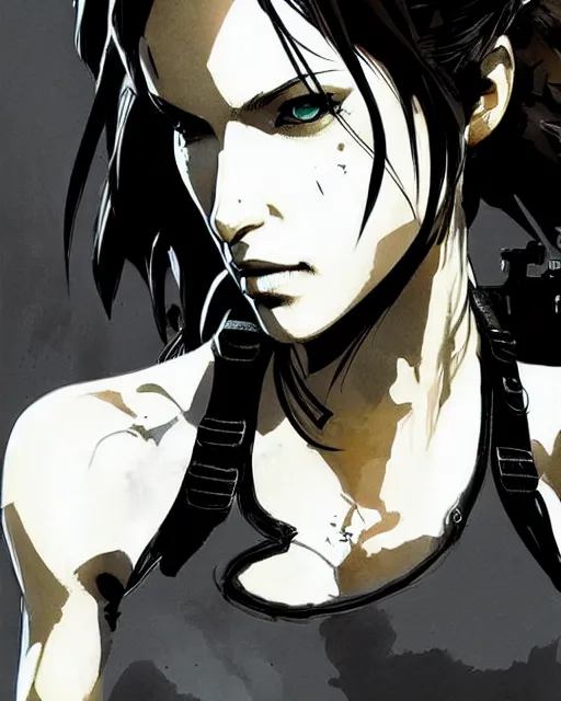 Image similar to lara croft, concept art, sumi - e style, artstation, trending, highly detailed, smooth, focus, art by yoji shinkawa