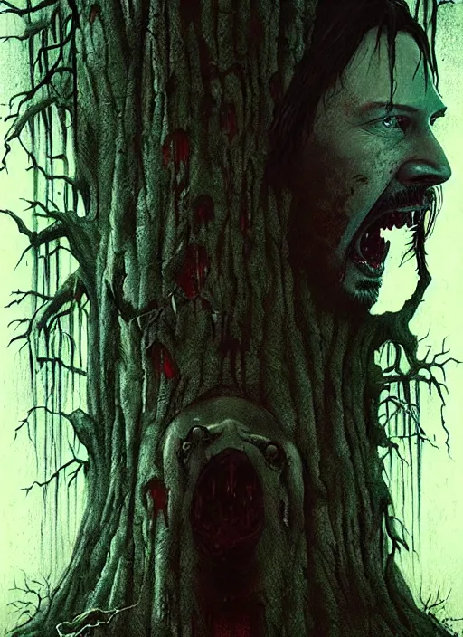 Image similar to highly detailed horror movie poster with angry creepy keanu reeves as a tree, keanu reeves faces in the bark of many trees sentient leafy catastrophe by greg rutkowski, masterpiece, really funny, 1 0 / 1 0 creepy