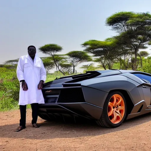 Prompt: High-quality photography of an African dictator dressed as a general posing next to his Lamborghini Aventador in an African village and surrounded by curious villagers