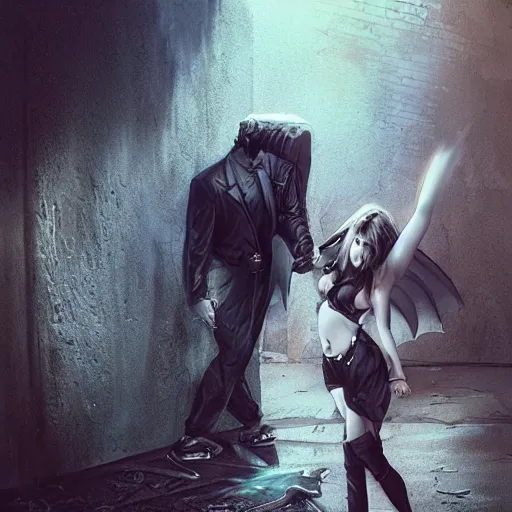 Image similar to a school boy and intimidating by a succubus in a leather suit leaning on a cracked brick wall, devil wings, long hallway, seductivelight at the end of the tunnel, volumetric lighting, concept art, detailed, dramatic lighting, by wlop, artgerm