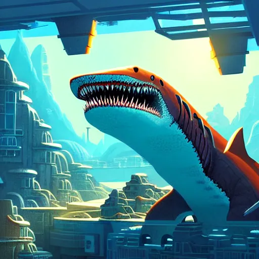 Image similar to shark godzilla in isometric atlantis cybercity, golden hour by tyler edlin and petros afshar and christopher balaskas and marius borgeaud and kiliain eng, global illumination, ambient occlusion, 3 0 mm, well proportioned, highly detailed, rule of thirds