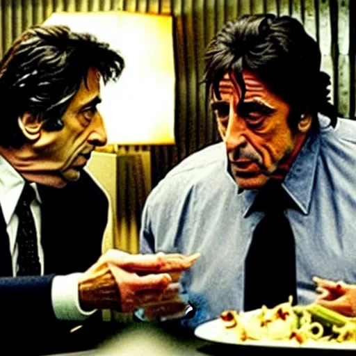 Image similar to movie still of the dinner scene in Heat, al pacino and robert de niro as old men, cinematic,