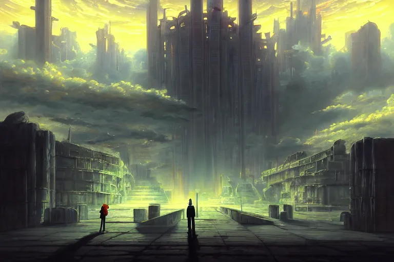 Image similar to baroque oil painting of anime key visual environment concept art of the gates of hell in the middle of a futuristic city, brutalist, dark fantasy, rule of thirds, digital cel shading, fake hidden detail, trending on pixiv fanbox, acrylic palette knife and brush, style of makoto shinkai studio ghibli jamie wyeth james gilleard greg rutkowski