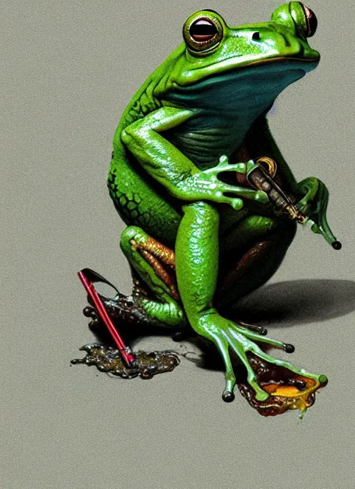 Image similar to frog mutant smokes pipe, wearing fancy suit,digital art,ultra realistic,ultra detailed,art by greg rutkowski,hyperdetailed,detailed face,professional lighting,dramatic,3 point lighting