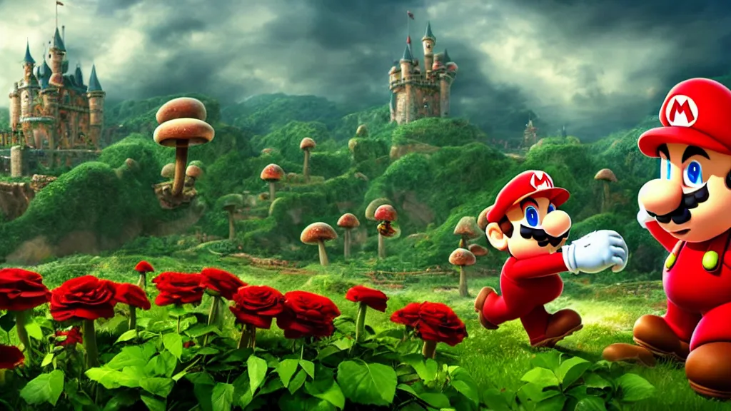 Image similar to mario stomping a goomba in the mushroom kingdom near the castle, exotic flora, giant roses, thousands of flowers, fantasy artwork, very very very beautiful scenery, hd, hdr, ue 5, ue 6, unreal engine 5, cinematic 4 k wallpaper, 8 k, ultra detailed, high resolution, artstation, award winning