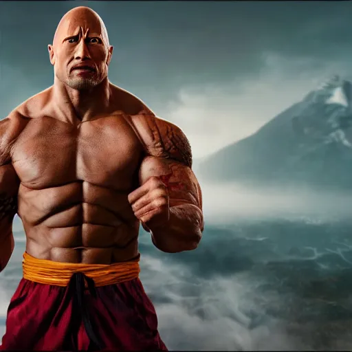 Prompt: photorealistic full shot of Dwayne Johnson as a warrior style goku super saiyan at moonlight, snowing, lightning bolt, high detail, unreal engine 4k volumetric light, fog,