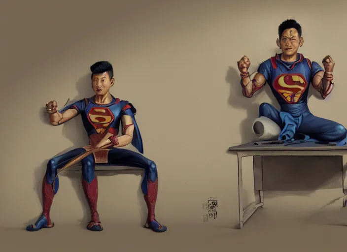 Image similar to an insanely detailed and realistic painting of an asian man wearing a homemade superhero costume, sitting at a desk, staring seriously at the computer and typing, in the style of peter mohrbacher, james jean, artgerm, dramatic lighting and composition, surreal background, octane render, pixar, trending on artstation, concept art, comic book, 8 k