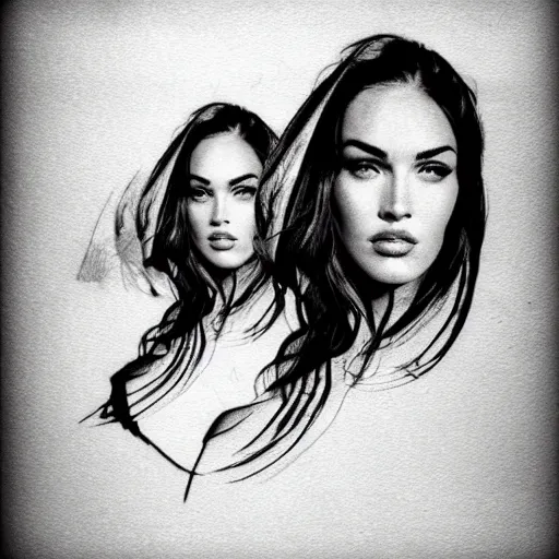 Image similar to tattoo design sketch megan fox face double exposure effect with beautiful mountain scenery, in the style of matteo pasqualin, amazing detail