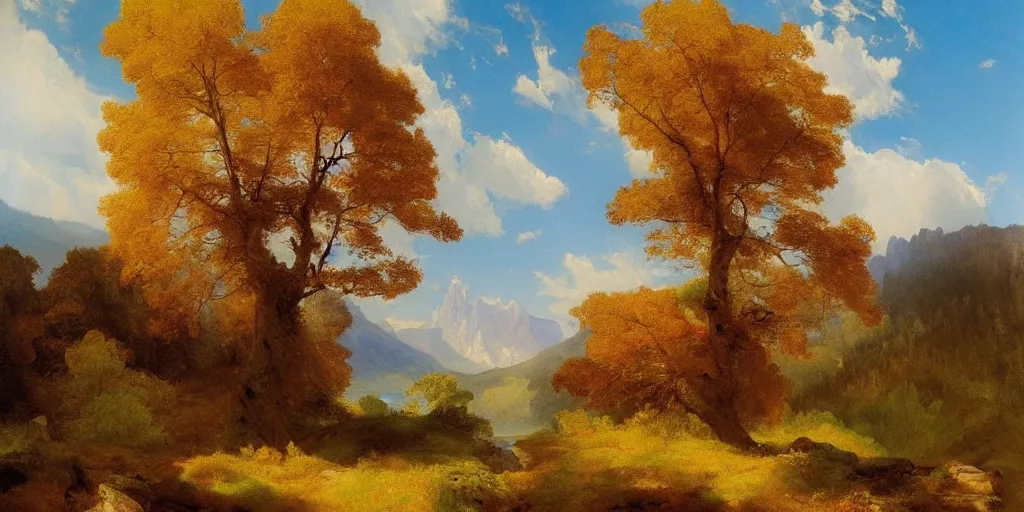 Prompt: lone maple tree growing in grand cayon, thomas moran, oil painting, highly detailed, masterpiece