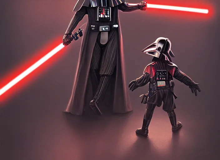 Image similar to a dramatic highly detailed render of darth vader with red lightsaber drawn facing a cute toddler with its back to the camera, futuristic star wars vibe, by WLOP and Artgerm and Greg Rutkowski and Alphonse Mucha, Beautiful dynamic dramatic dark moody lighting, shadows, cinematic atmosphere, Artstation, concept design art, Octane render, 8K, masterpiece, sharp focus, hyperrealistic