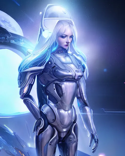 Image similar to perfect android girl on a mothership, warframe armor, beautiful face, scifi, futuristic, galaxy, nebula, raytracing, dreamy, long white hair, blue cyborg eyes, sharp focus, cinematic lighting, highly detailed, artstation, divine, by gauthier leblanc, kazuya takahashi, huifeng huang