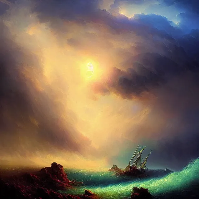 Prompt: the eye of an hurricane, fantasy landscape, colorful, sharp and focus, ultra detailed, beautifully lit landscape, astrophotography, in the art style of dan mumford, ivan aivazovsky and marc simonetti