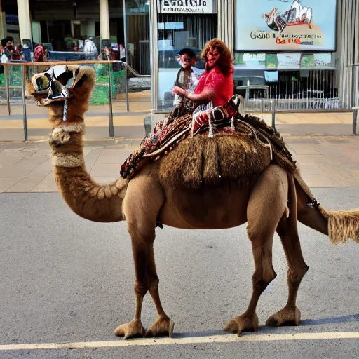 Image similar to Dolly Parton riding a camel in Slough. camel wearing a wig. camel wearing shoes. highly detailed. photorealistic. detailed faces.