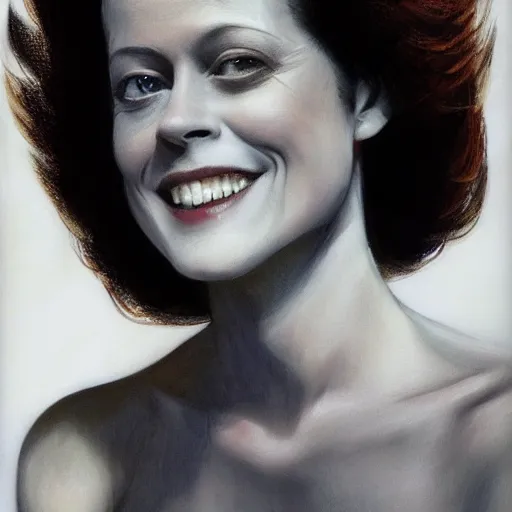 Image similar to young sigourney weaver, smiling, happy, beautiful, intelligent, fully clothed, wise, beautiful, dramatic lighting, sharp focus, by stanley artgerm, trending on artstation, flat colour, geometric curves