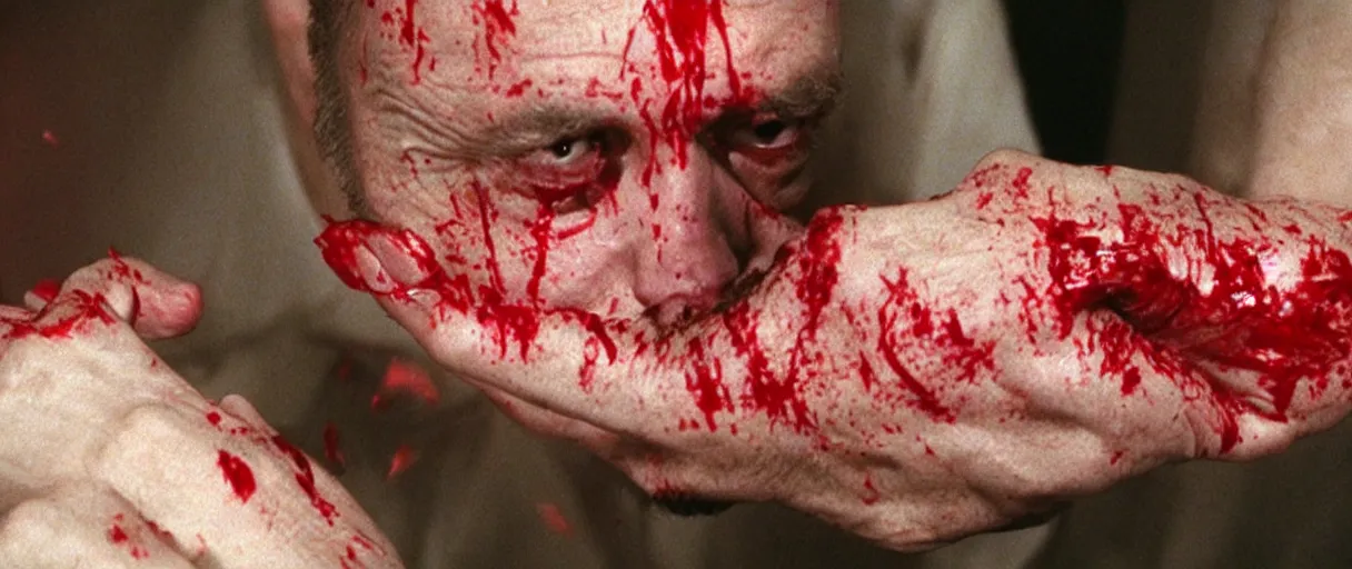 Image similar to filmic closeup dutch angle movie still 4k UHD 35mm film color photograph of a screaming horrified doctor looking down at his freshly amputated hand, where his wrist has been freshly severed, blood is gushing from the wound