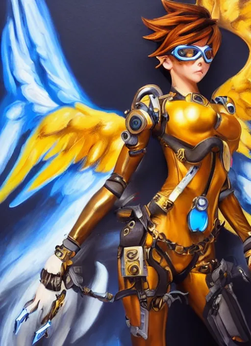 Image similar to full body oil painting of tracer overwatch, angel wings, dramatic painting, symmetrical composition, wearing gold detailed choker, golden cuffs, black shiny armor, detailed face and eyes,