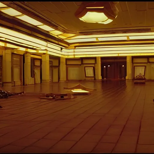 Prompt: a large ornate futuristic dojo, shot by roger deakins, night time, dim cinematic lighting, low ceiling, oscar winning, movie set