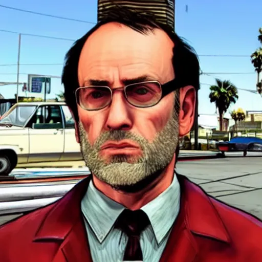 Image similar to Michael Ehrmantraut from Better call Saul in GTA V . Los Santos in the background, palm trees. In the art style of Stephen Bliss.