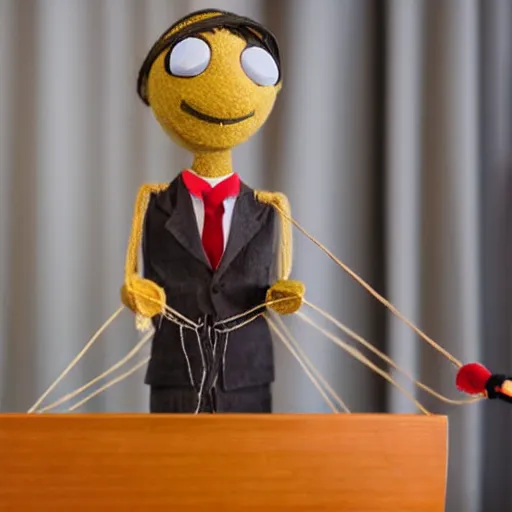 Image similar to string marionette in a podium giving a press conference