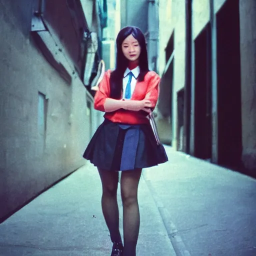 Prompt: 1970s perfect 8K HD professional photo of close-up japanese schoolgirl posing in sci-fi dystopian alleyway, at instagram, Behance, Adobe Lightroom, with instagram filters, depth of field, taken with polaroid kodak portra