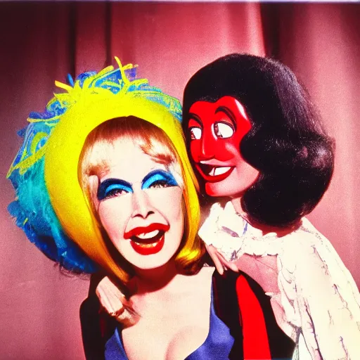 Image similar to 1976 film still glamorous woman photo and her friend, an anthropomorphic stomach, traveling, live action children's tv show, 16mm film live soft color, earth tones and some primary colors 1976, wacky, in style of john waters doris wishman russ meyer