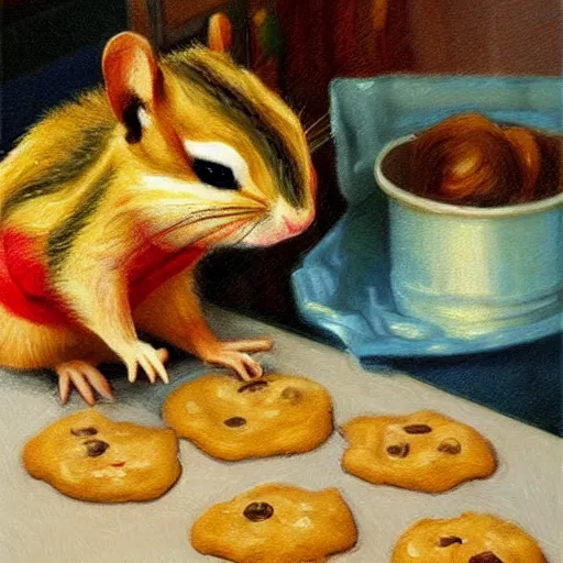 Prompt: ! dream chipmunks in a kitchen baking cookies, vintage kitchen, monet, painting, impressionism, chipmunk animal, baking cookies, colorful, accurate, artstation award, concept art