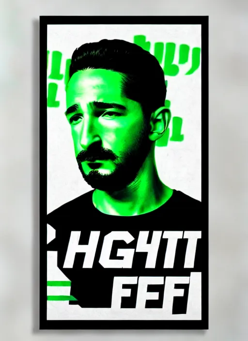 Prompt: highly detailed closeup portrait motivational poster of shia lebouf with large bold letter motivational words by greg rutkowski, by artgerm, gradient green, black and white color scheme, black border