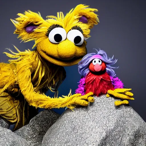 Prompt: an artificer dwarf muppet character with an obsession for gold and gems who loves to sleep on rocky terrain, sesame street, photograph, photography, ultrarealistic, national geographic