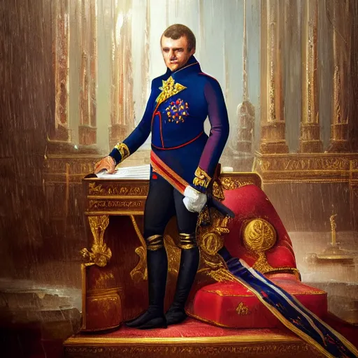 Image similar to Portrait of Emmanuel Macron as emperor napoleon, amazing splashscreen artwork, splash art, head slightly tilted, natural light, elegant, intricate, fantasy, atmospheric lighting, cinematic, matte painting, by Greg rutkowski