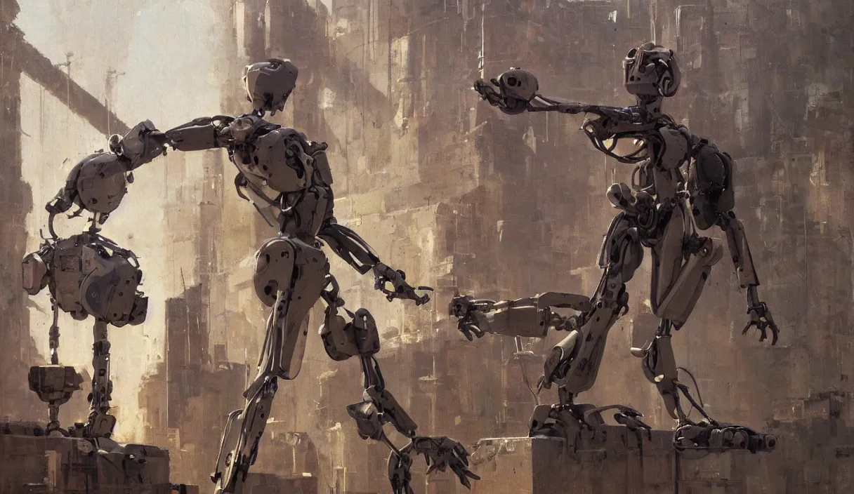 Image similar to Still of a humanoid robot painting on a canvas, high detail, cinematic, , science fiction concept art by Greg Rutkowski and Moebius and Le Corbusier