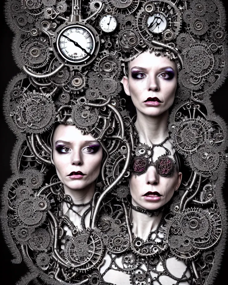 Prompt: highly detailed photo full body portrait of complex bio-mechanical beautiful young female demonic cyborg with a Mandelbrot fractal steampunk metal fine lace face, retrofuturistic depressing hopeless horrific vibe, radiating dark energy aura, curled silver hair and a fine metal floral foliage super big lace collar by Alexander McQueen:: high fashion, haute couture, rococo, steampunk, silver filigree details, anatomical, facial muscles, cable wires, microchip, elegant, hyper realistic, 150 mm lens, soft rim light, octane render, unreal engine, volumetric lighting, 8k, muted reflective metallic coloring, sharp focus