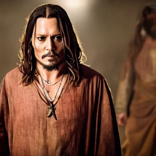 Prompt: stunning awe inspiring johnny depp as jesus christ, movie still 8 k hdr atmospheric lighting