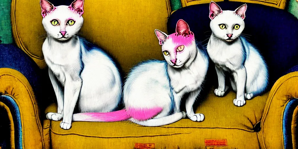 Image similar to two cats on an old armchair, blue and white hair, yellow and pink hair, style of norman rockwell