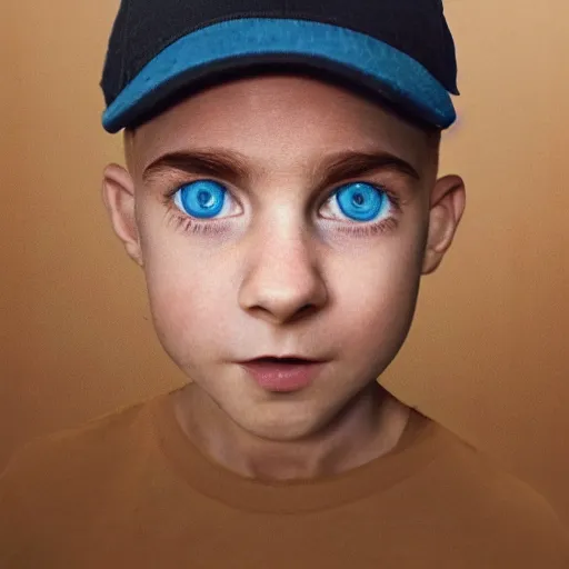 Image similar to a detailed portrait of a boy with light blue eyeswearing a black cap, realistic and detailed eyes, intricate photo, incredibly highly detailed and realistic, 8 k, sharp focus